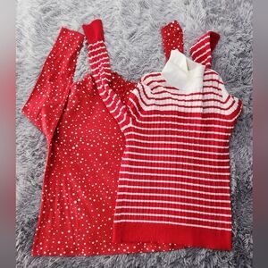Kim Rogers Red and White Striped and Polka Dot Long Sleeve Tops